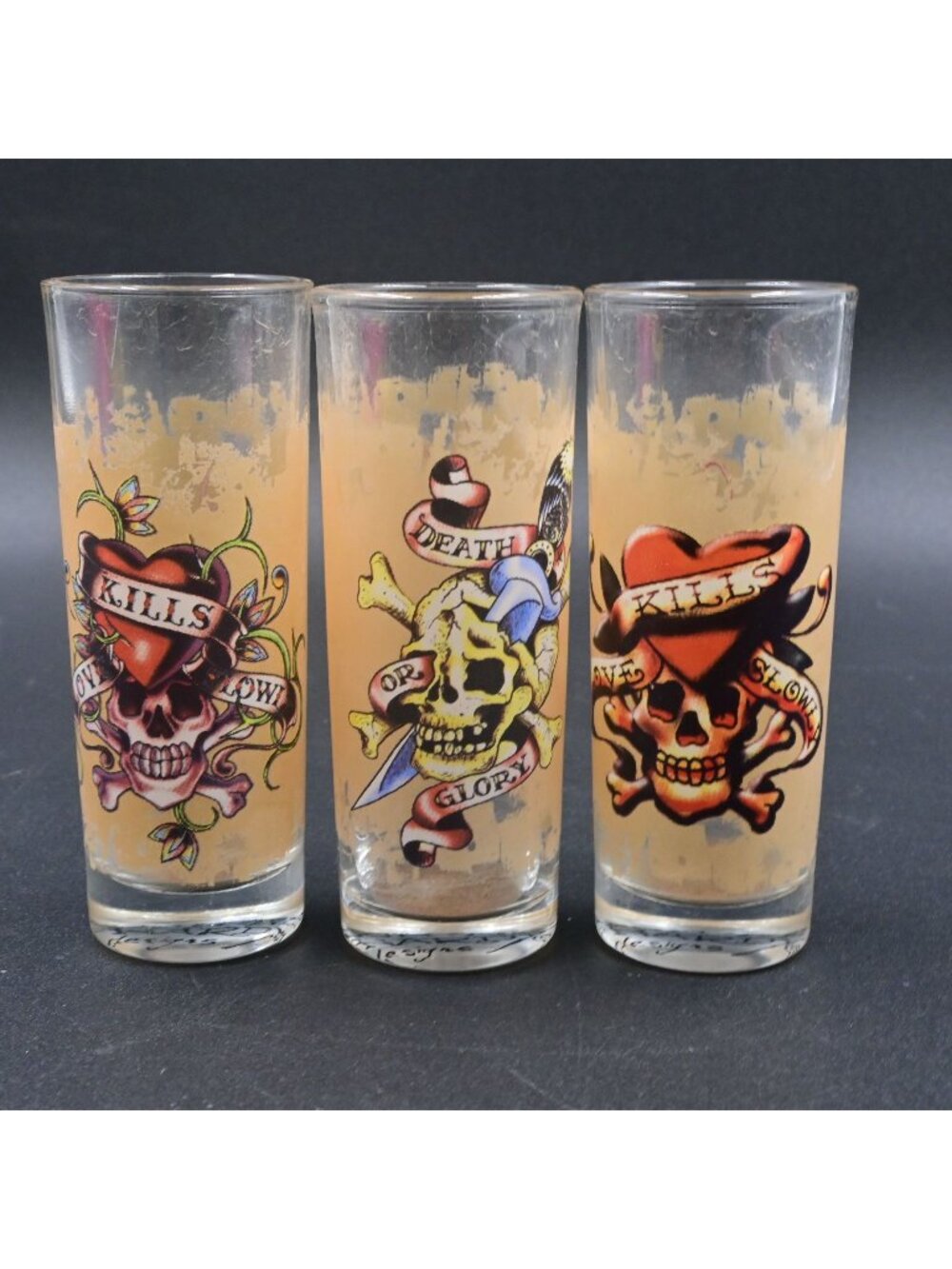 Ed Hardy Tattoo Shot Glass Lot of 3 Love Kills Slowly Death Or Glory Shooter